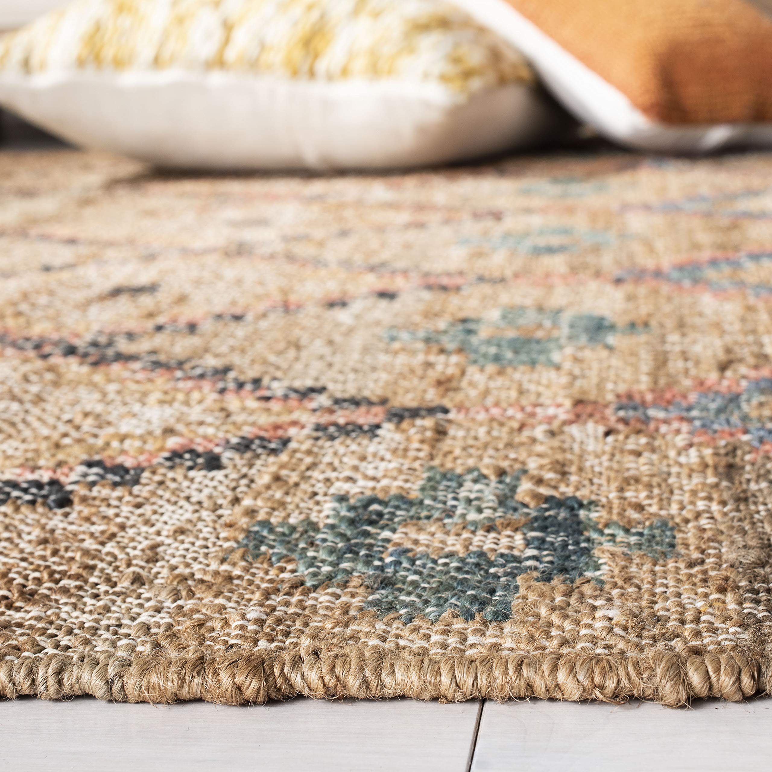 SAFAVIEH Kilim Collection 7' Square Natural/Blue KLM753A Handmade Moroccan Boho Jute & Cotton Area Rug