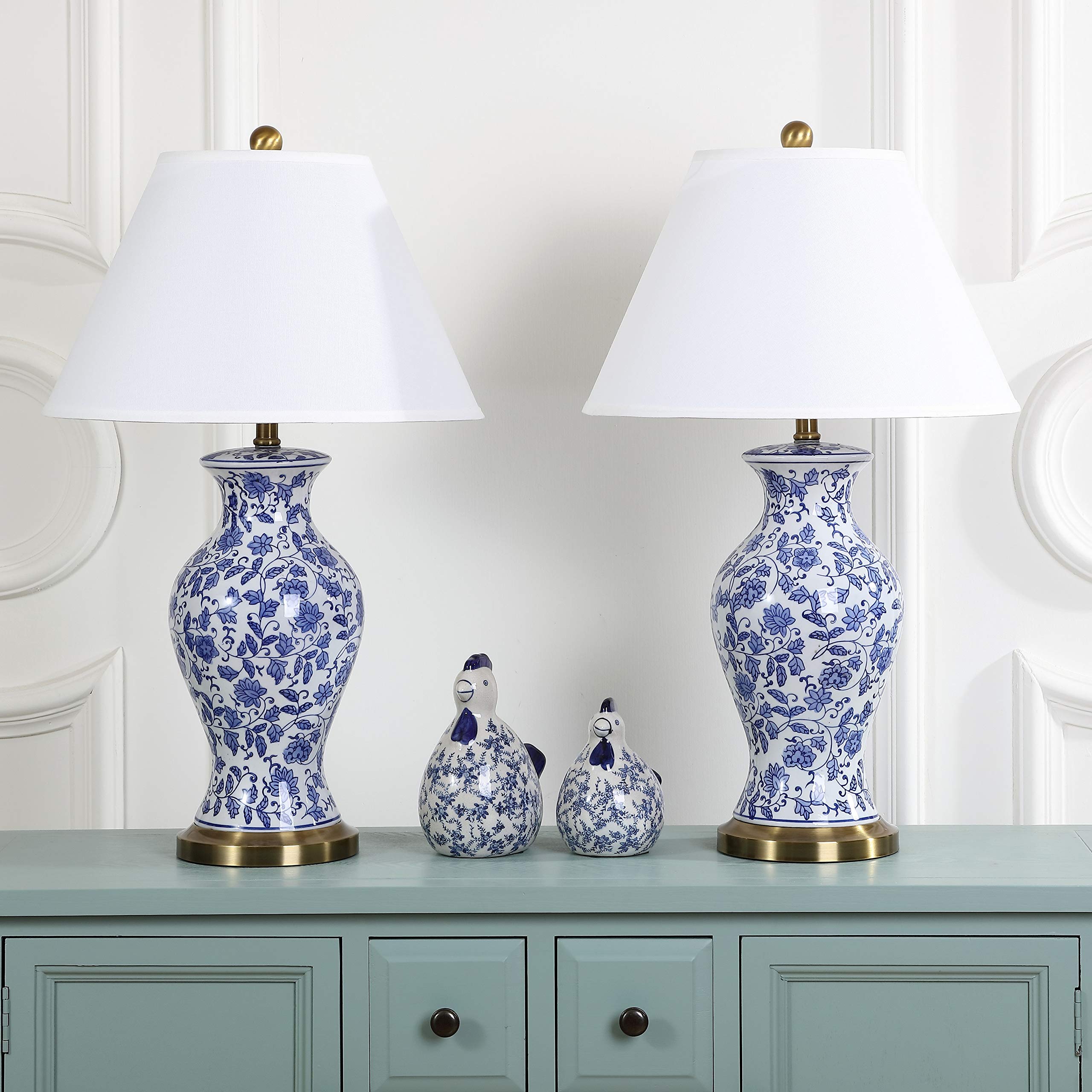 Beijing Floral Table Lamp Set - Blue & White Ceramic 29-Inch (Set of 2)