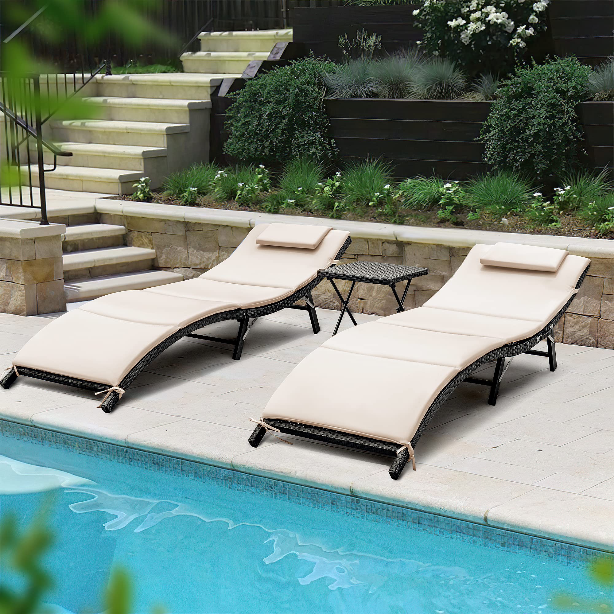 3 Pieces Patio Chaise Lounge Chair Sets Outdoor Beach Pool PE Rattan Reclining Chair