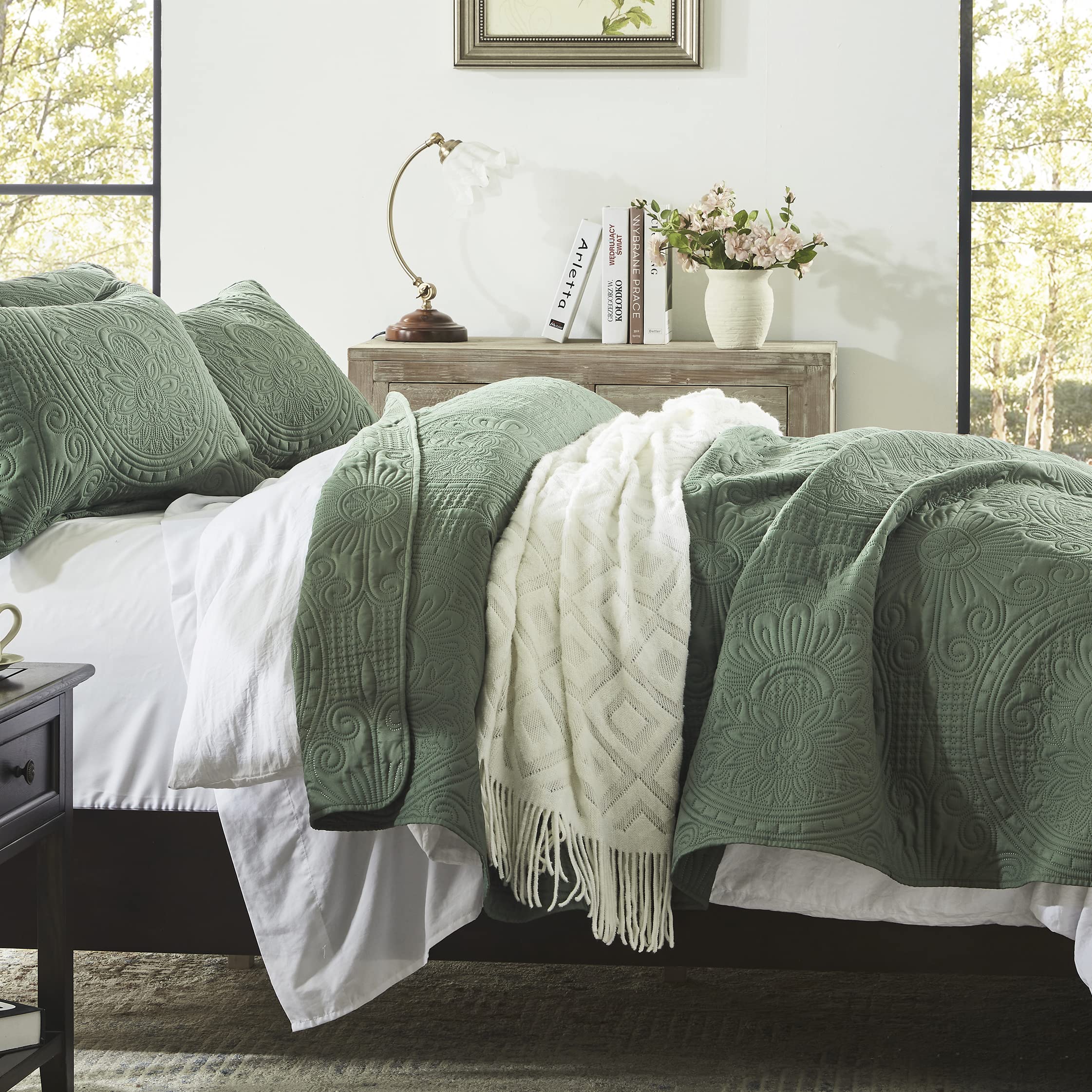 Quilt King Size Bedding Set-Olive Green Embossed, Bedspreads-Lightweight Summer Soft