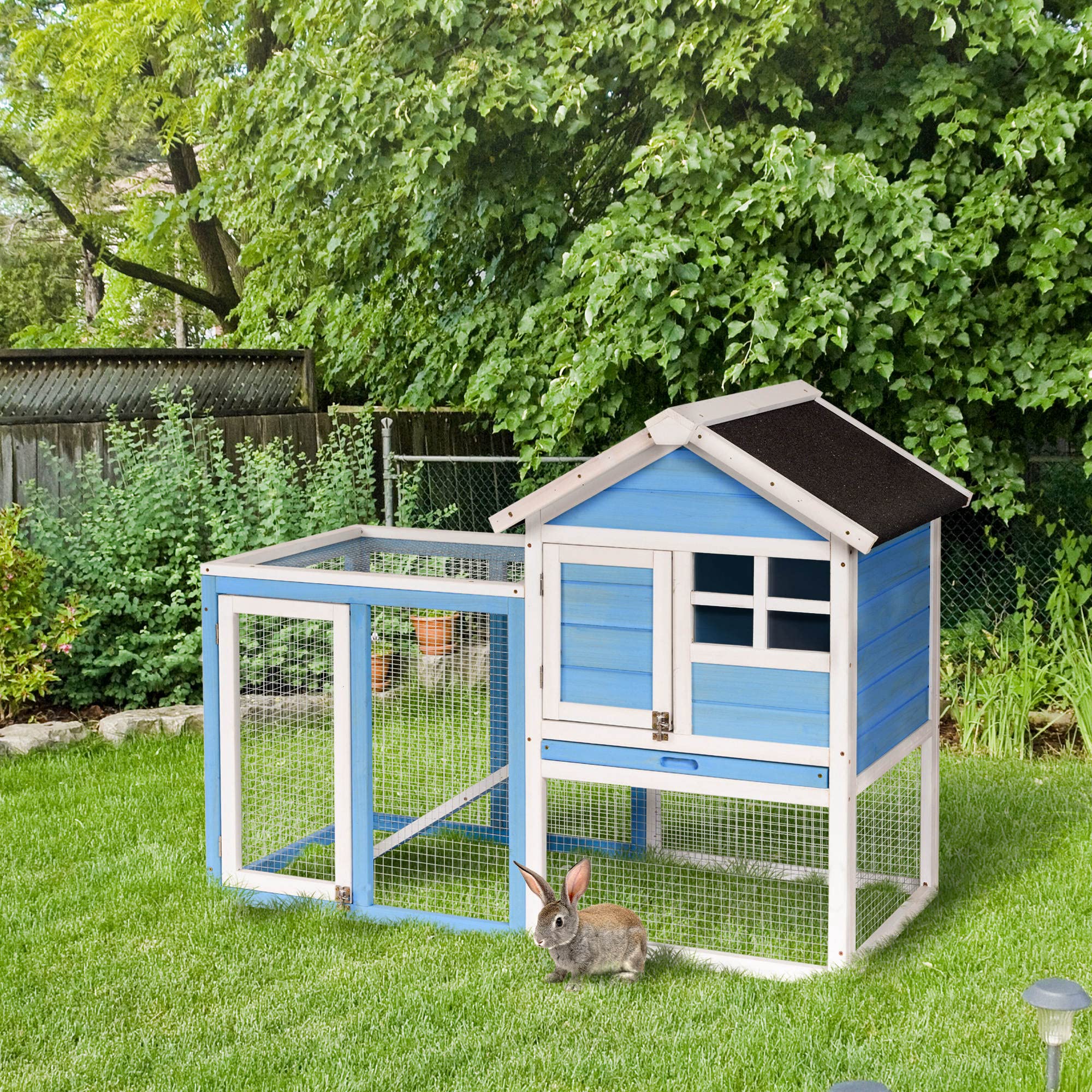 48" Wooden Rabbit Hutch Bunny Cage with Waterproof Asphalt Roof, Fun Outdoor Run