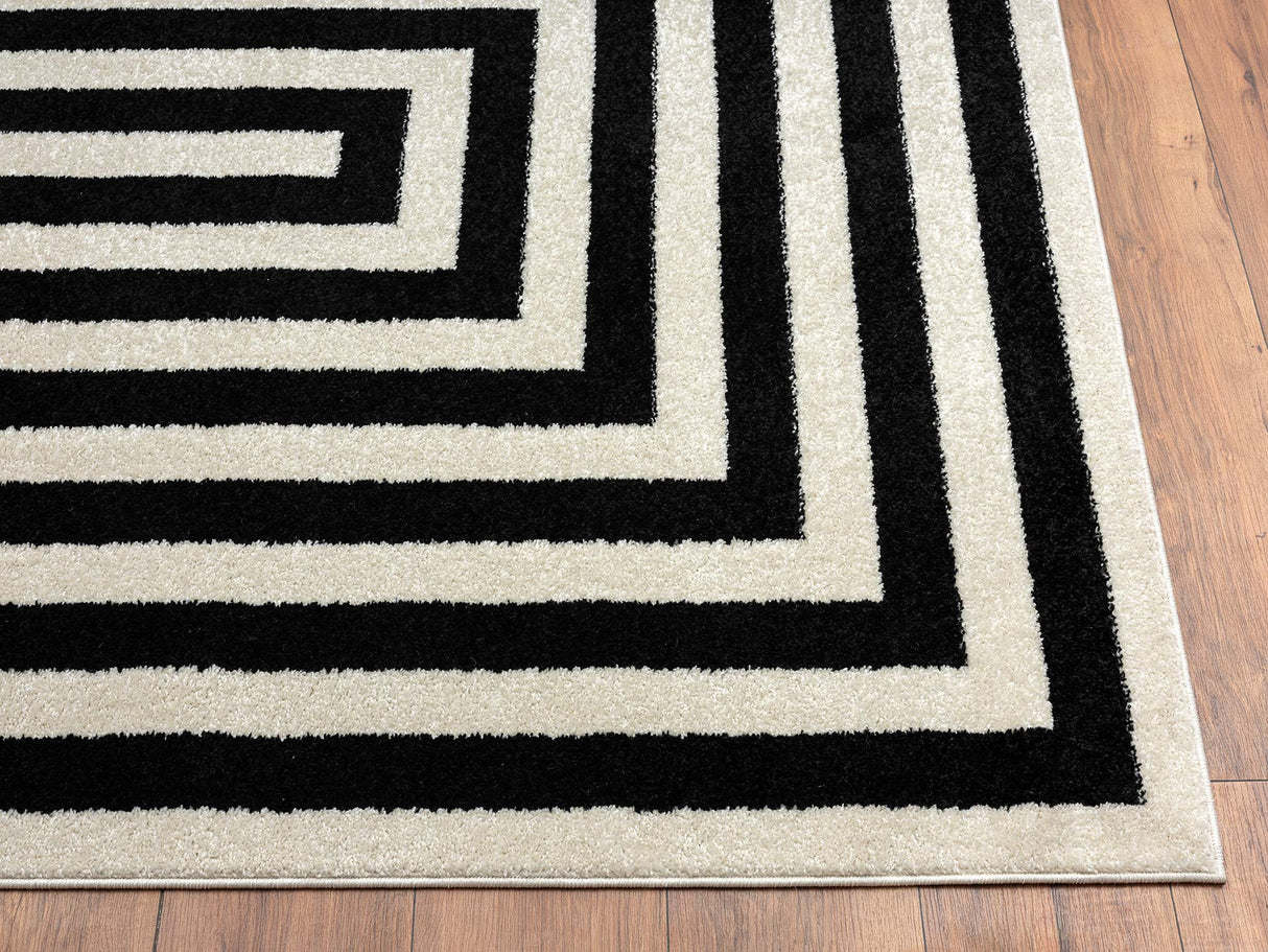 Contemporary Black & Ivory 7'9" x 10'2" Area Rug, Contrasting Geometric Modern Stripe