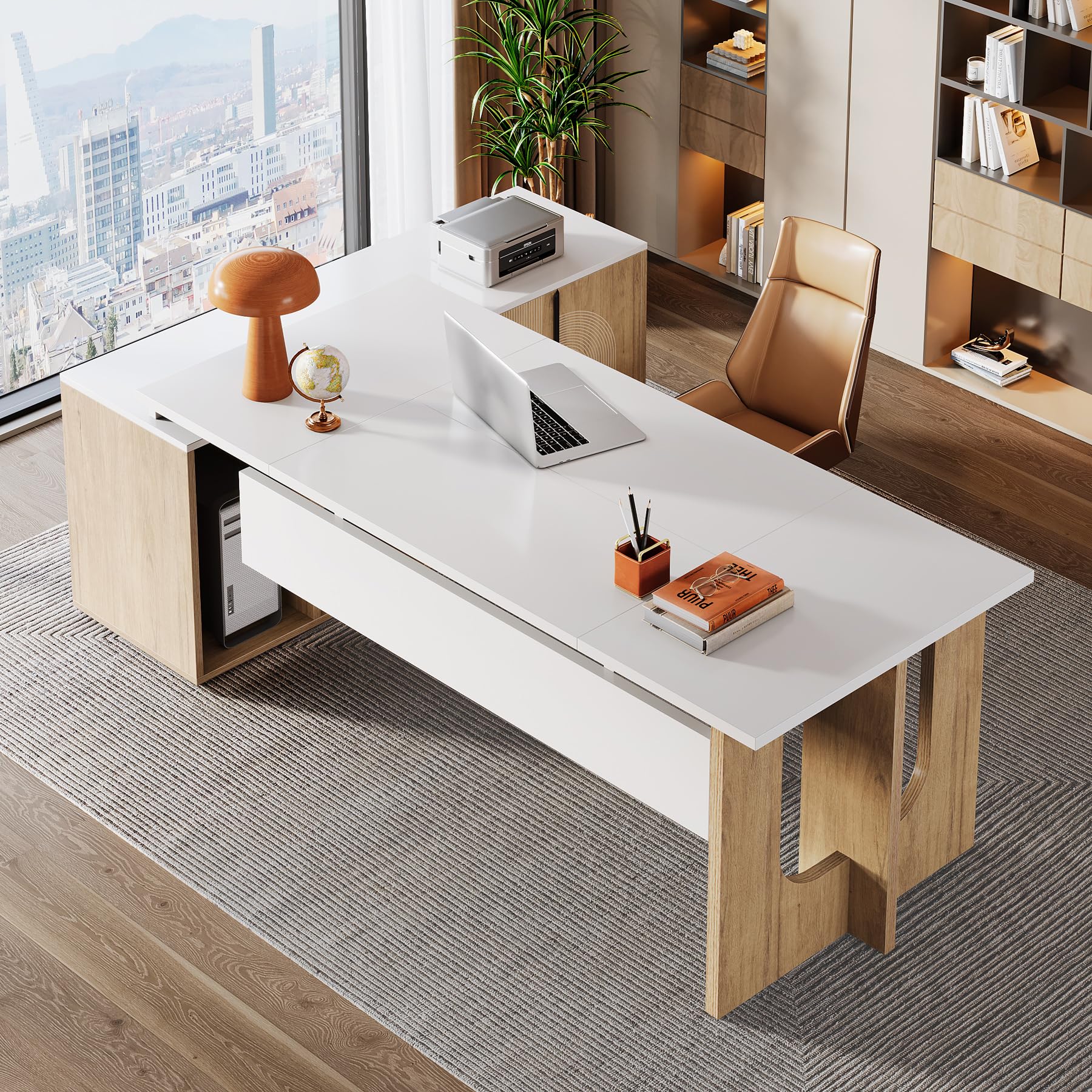 74.8" Executive Desk, Large Office Desk with Cabinet, L Shaped Computer Desk