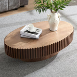 Oval Drum Coffee Table Handcrafted Relief Sturdy Pedestal Wooden Olive