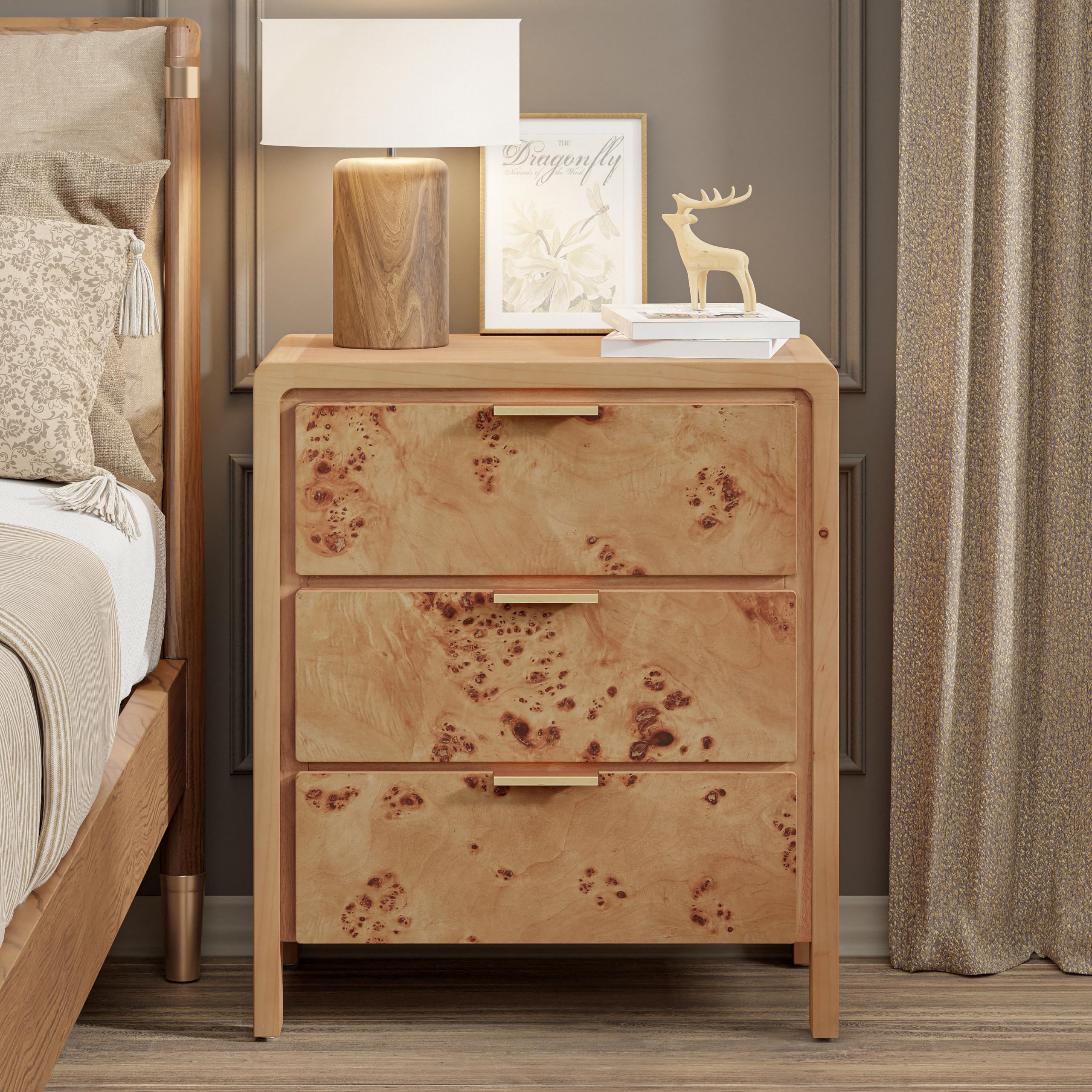 Fully Assembled Farmhouse 3-Drawer Nightstand, Set of 2，Distressed Wood Retro