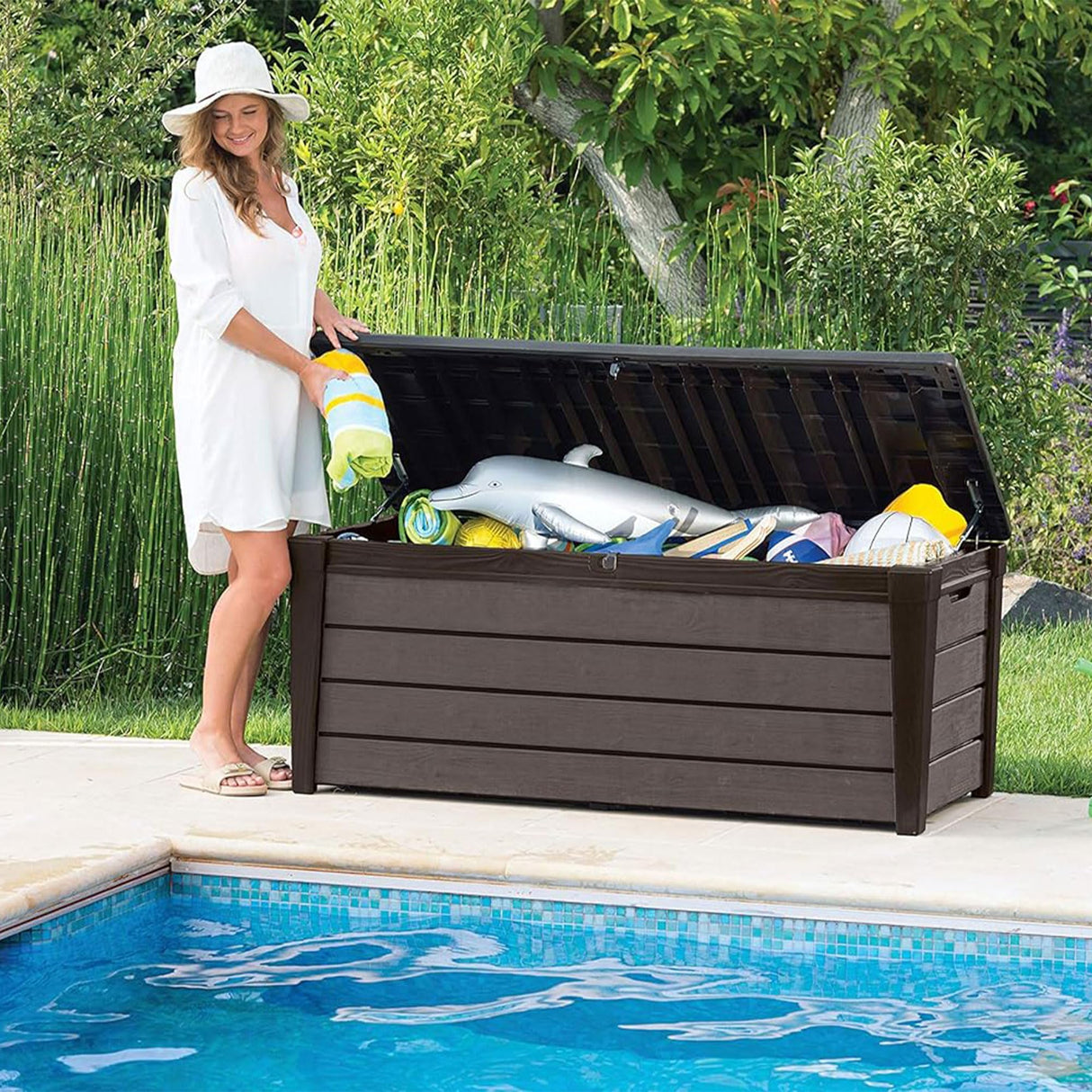 Outdoor Storage Deck Box, for Patio, Backyard & Garden, Brushwood, 120 Gal, Brown
