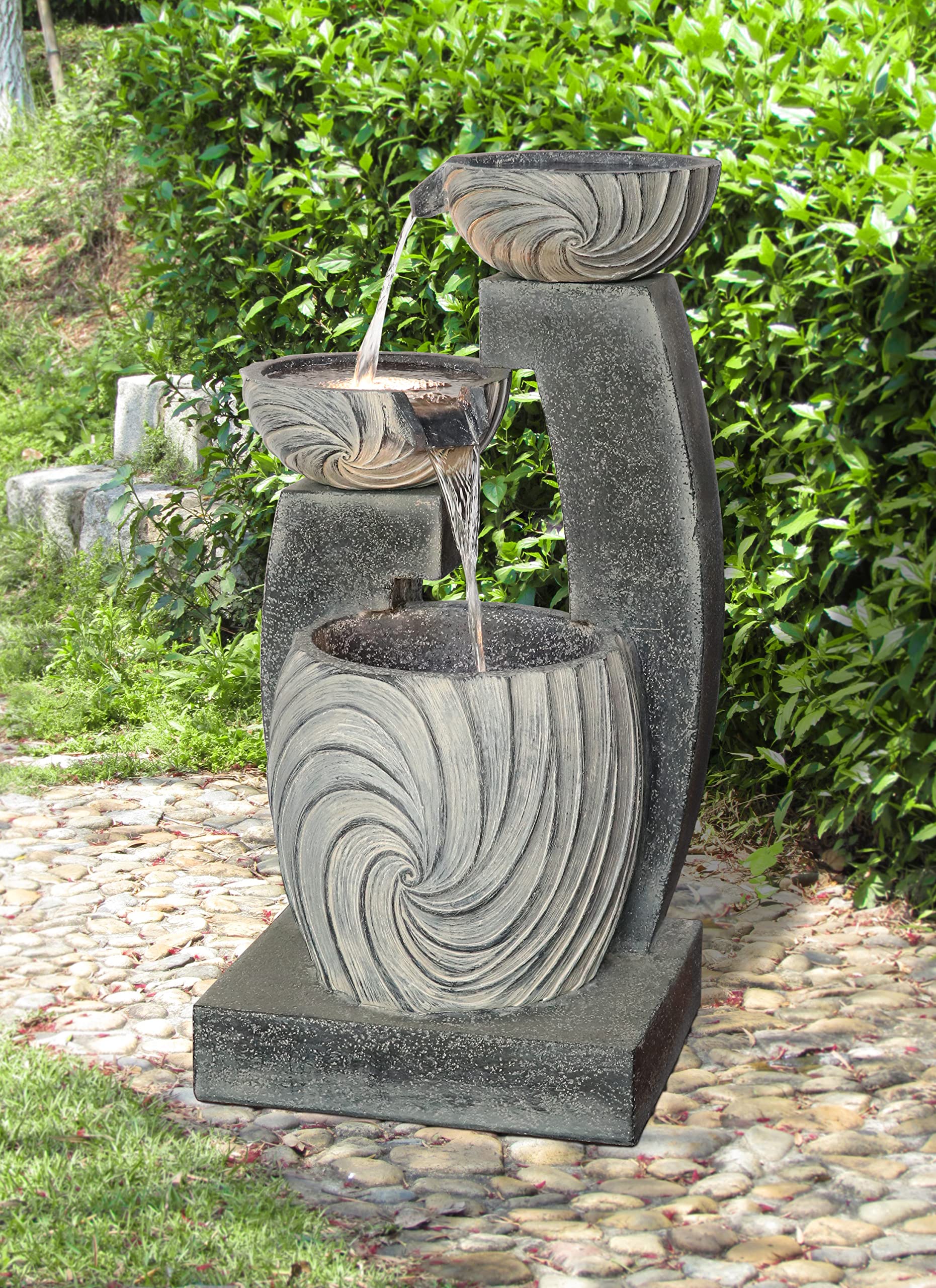 Tiers Modern Cascading Water Fountain Outdoor with Warm White LEDs, Gray