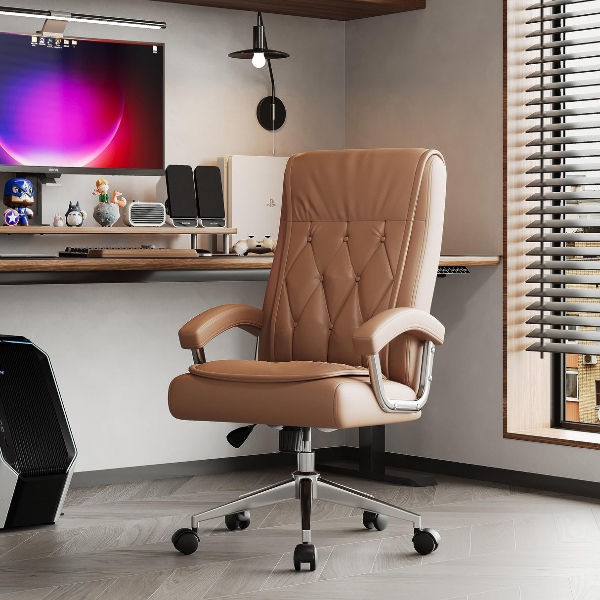 Leather Executive Office Chair with Arms and Wheels, High Back Ergonomic Computer