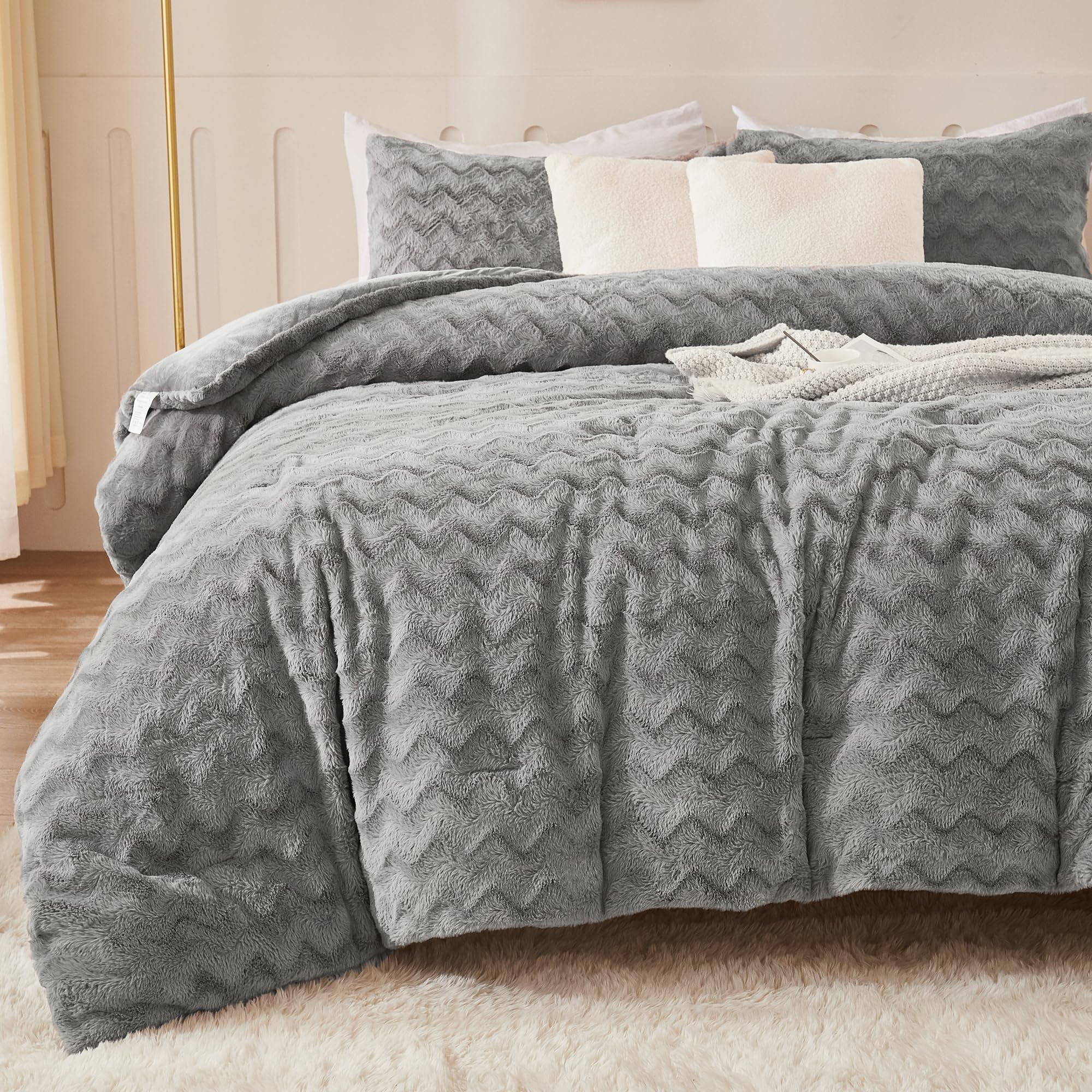 Grey Fleece Comforter Set Queen Size, 3 Pieces Fuzzy Fluffy Faux Fur Bedding Comforter Set for Queen Bed