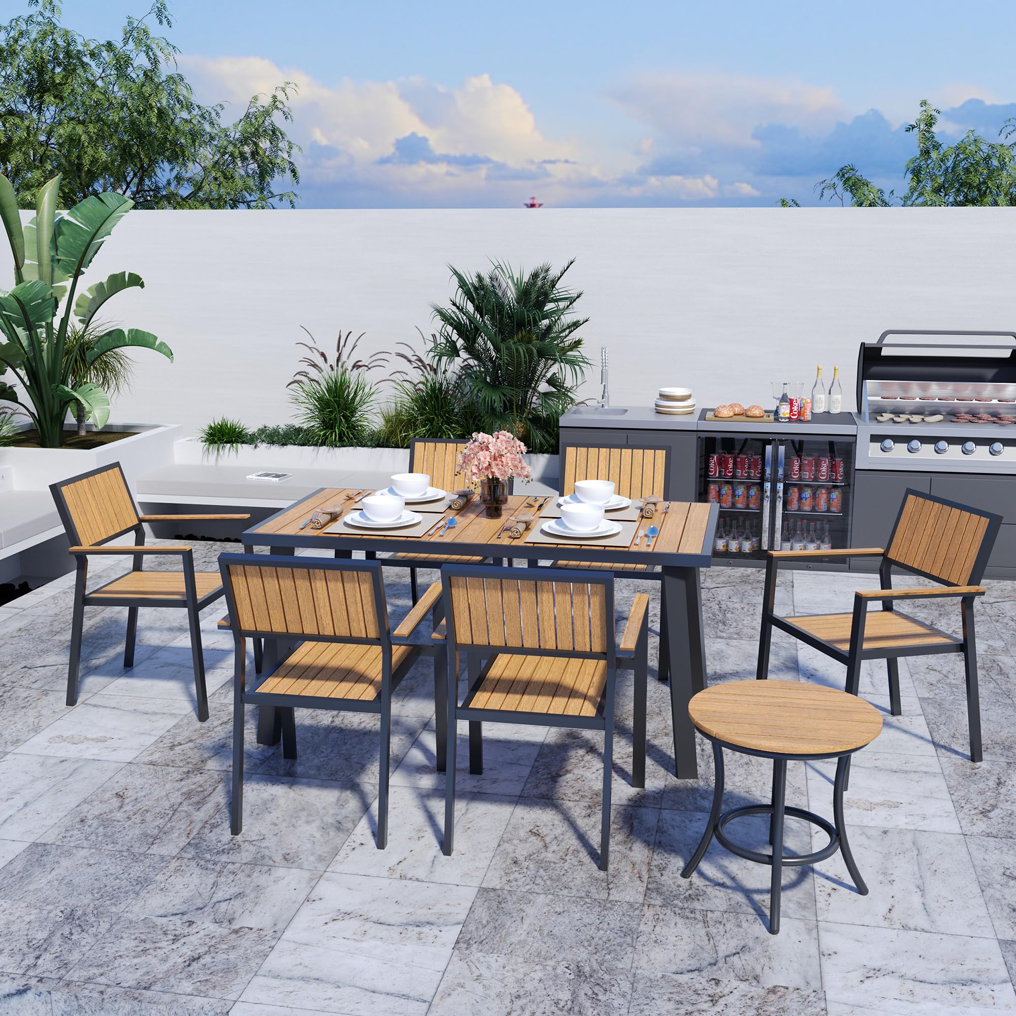 8-Piece Patio Dining Set，Outdoor Aluminum Furniture Set with Plastic-Wood Table Top