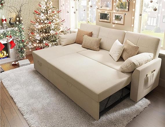 Sleeper Sofa, 112 Inch Pull Out Sofa Bed with Storage Chaise & 3 Seater