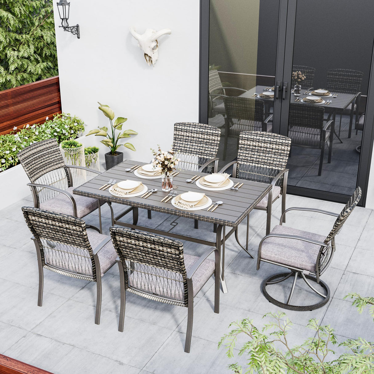 7 Piece Patio Dining Set for 6,Wicker Outdoor Furniture Set for Backyard Garden Deck Poolside