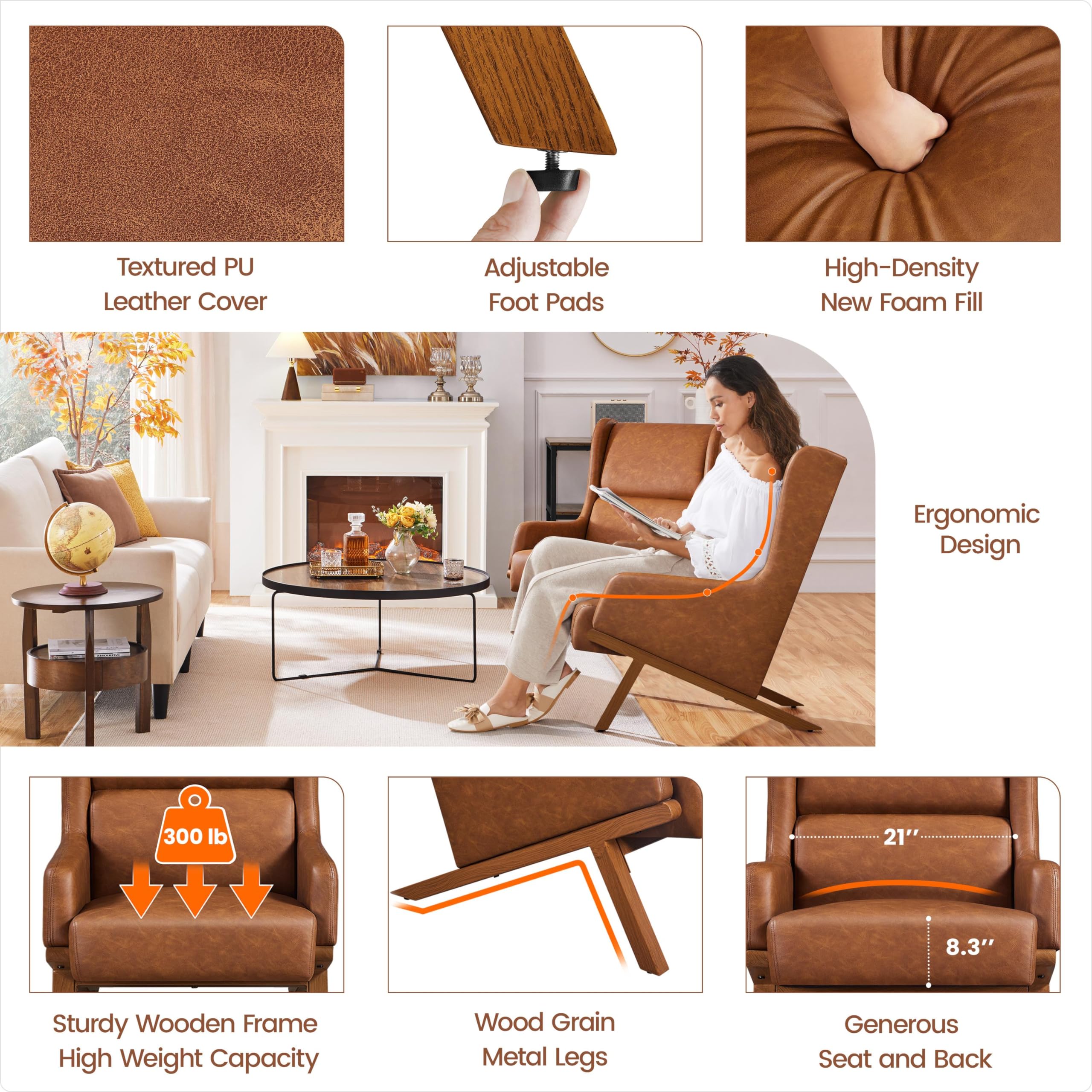 VeronaWing Retro Faux Leather Accent Chair – Tufted Back with High Backrest