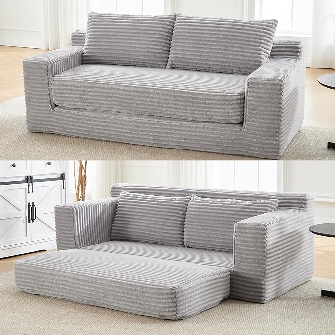 Corduroy Cloud Loveseat Sofa, 2 in 1 Convertible Sleeper Sofa with Fixed-Shape Frame