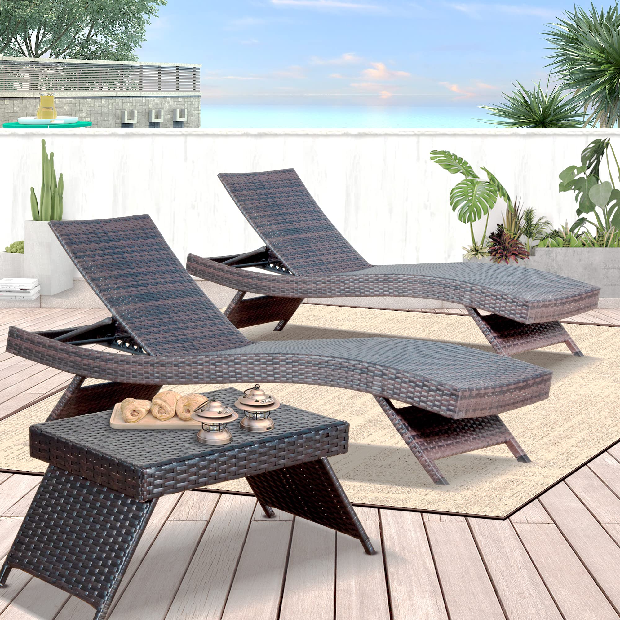 PE Rattan Adjustable Backrest Chaise Lounge Set 2 with 1 Side Table