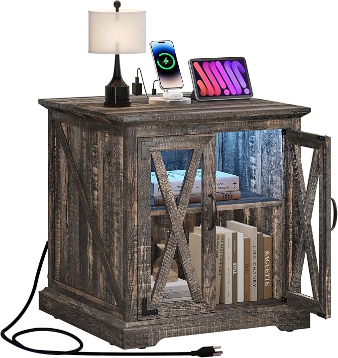 End Table, Farmhouse Sofa Side Coffee Table with Charging Station