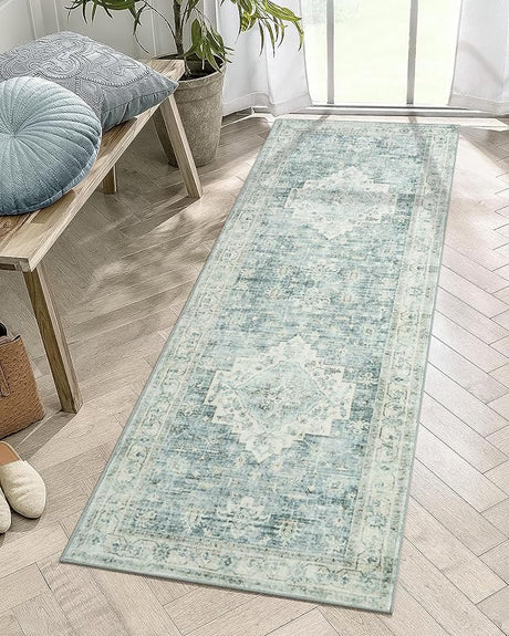 Boho Bedroom Rug 9x12 Under Bed, Soft Washable Beige Area Rugs for Living Room, Low-Pile Distressed Rug for Dining Room Home Office, Non-Slip Bohemian Farmhouse Rug for Play Room