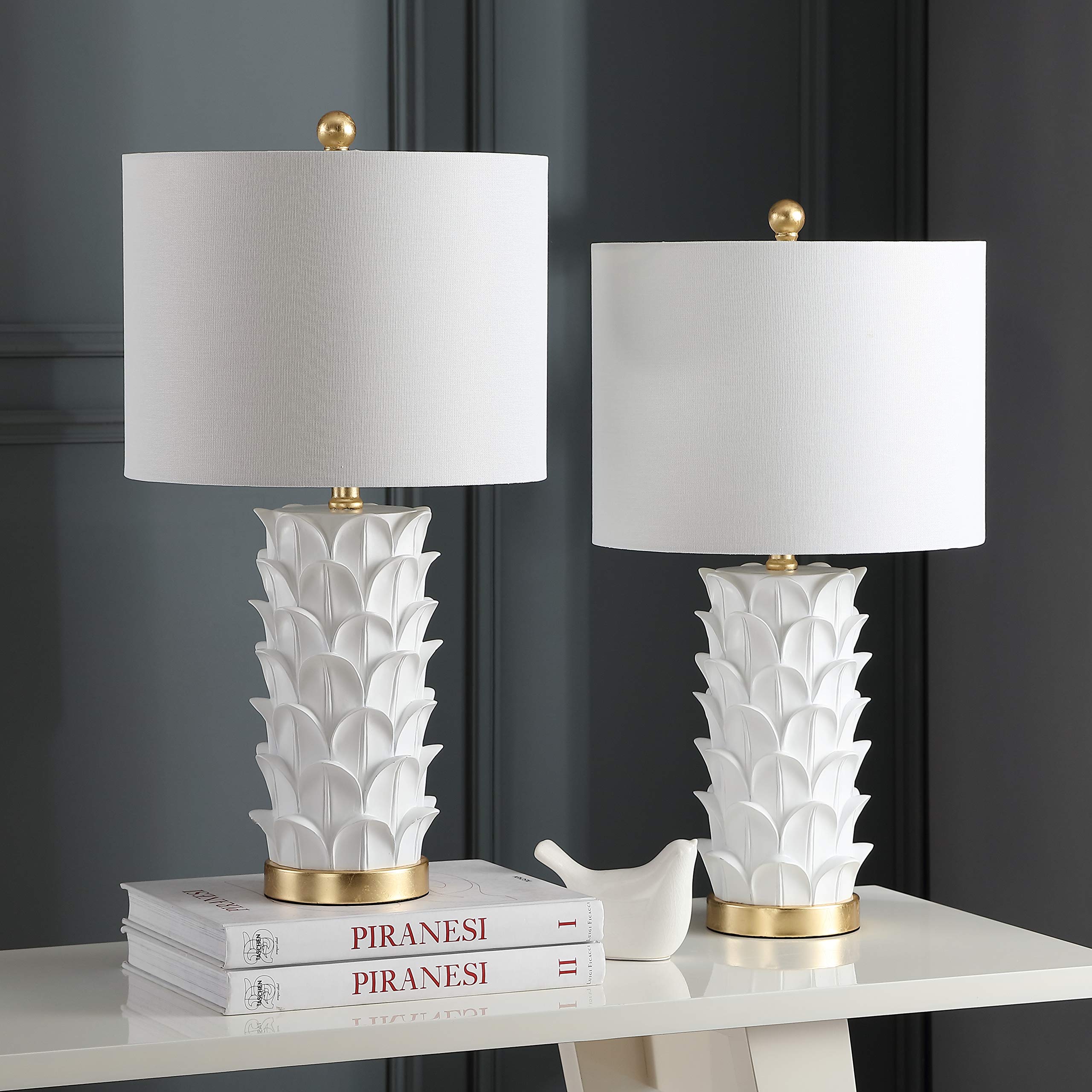 White Gold Leaf Table Lamp Set of 2 - 25 Inch Bedroom Nightstand Lamps with LED Bulbs