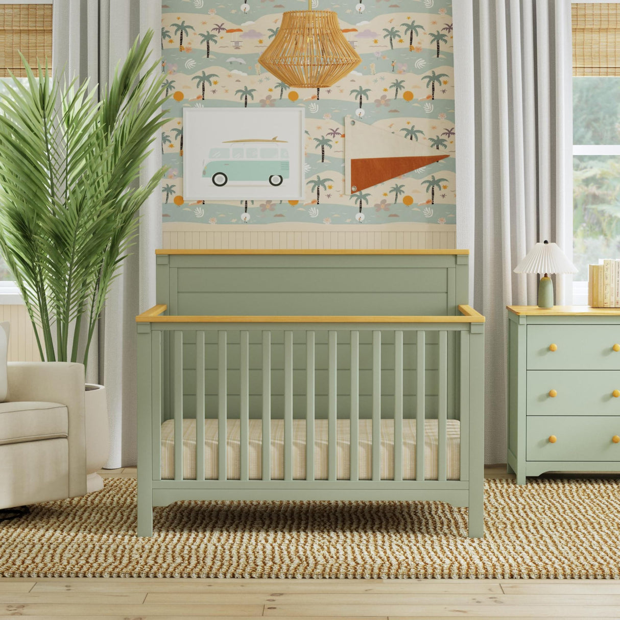 Shea 4-in-1 Convertible Crib in Light Sage and Honey, GREENGUARD Gold Certified