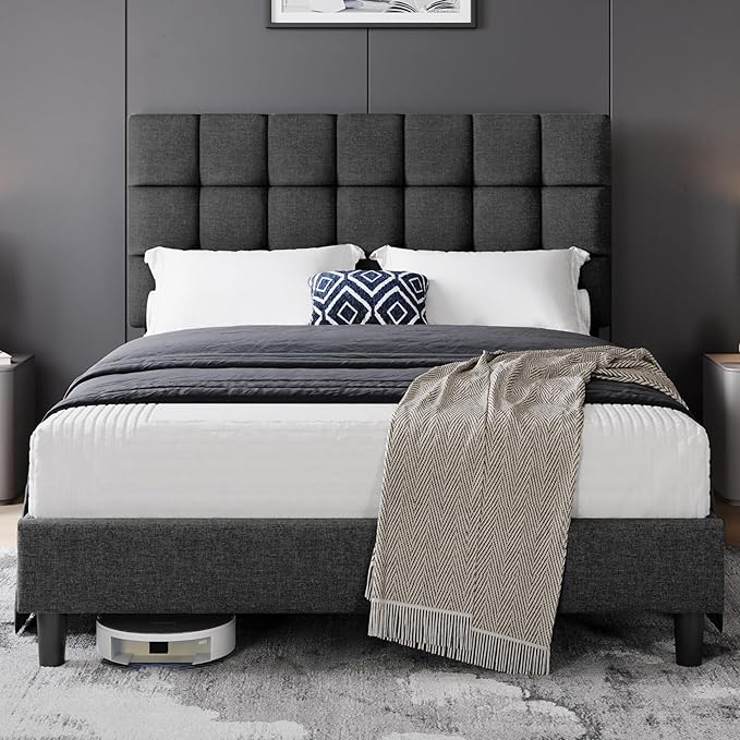 Full Upholstered Platform Bed Frame, Mattress Foundation with Height Adjustable Tufted