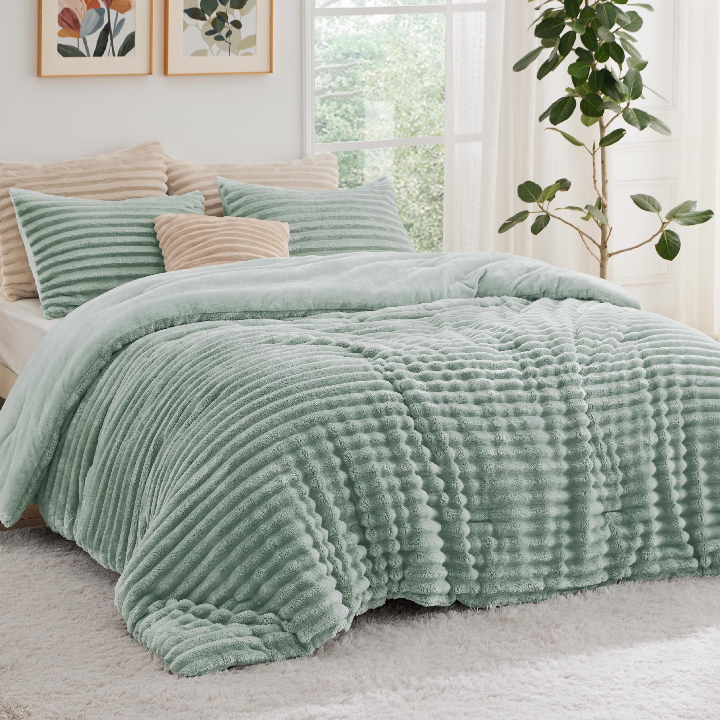 Fluffy Comforter Set Queen - Super Soft Faux Fur Comforter Queen Size Sage Green,