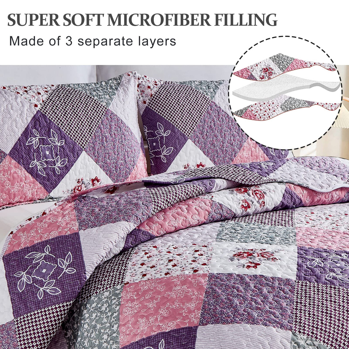 Purple Quilt Set Queen Size, Reversible Floral Plaid Patchwork Pattern Bedding