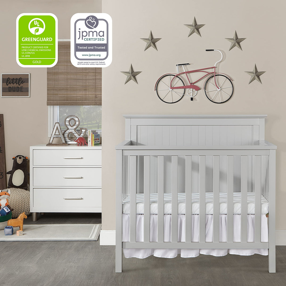 Dream On Me Ava 4-in-1 Convertible Mini Crib in Pebble Grey, 635-PG, Greenguard Gold Certified, Non-Toxic Finish, Comes with 1" Mattress Pad, with 3 Mattress Height Settings