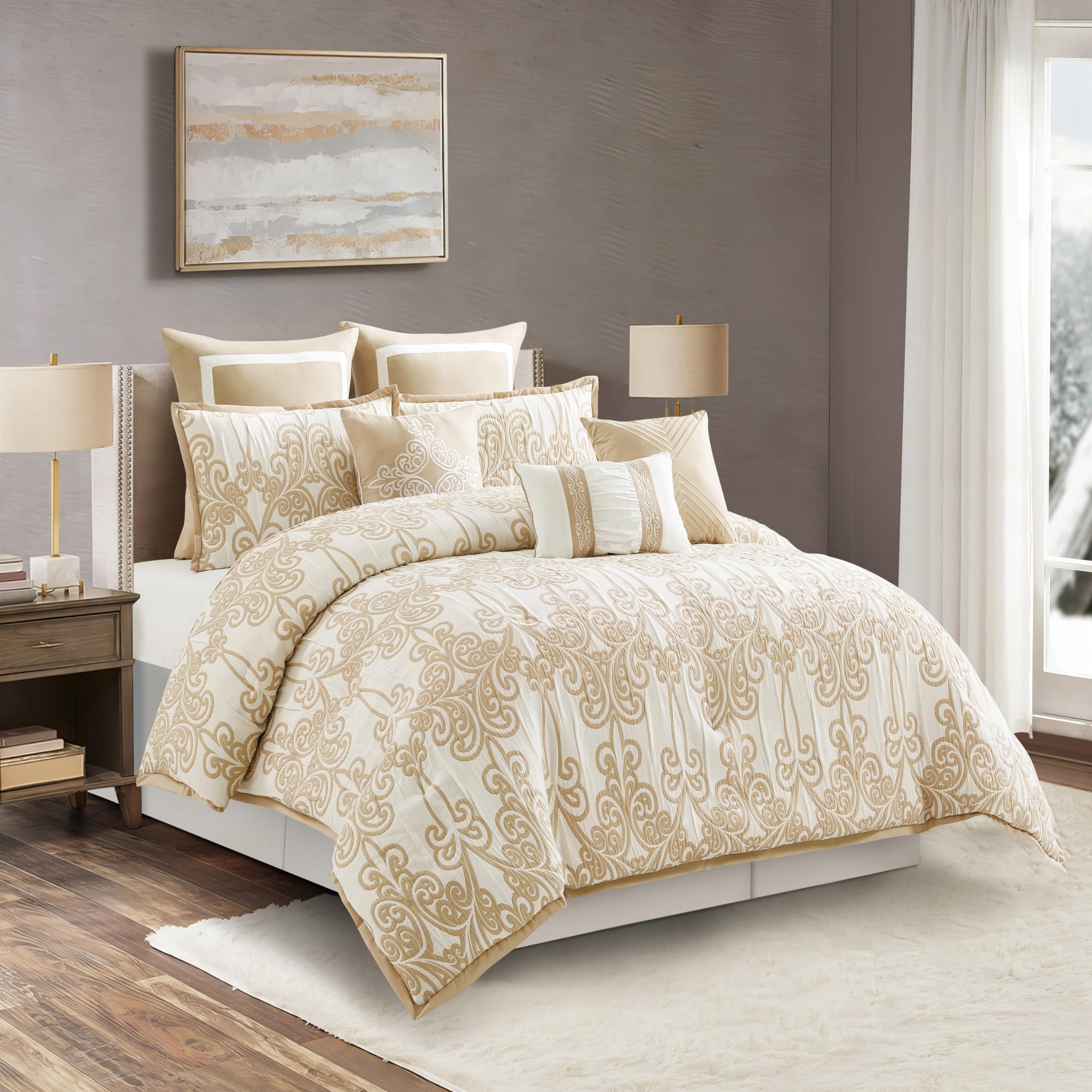 Beige and Gold Jacquard Floral Comforter Set - Queen Size 9 Piece