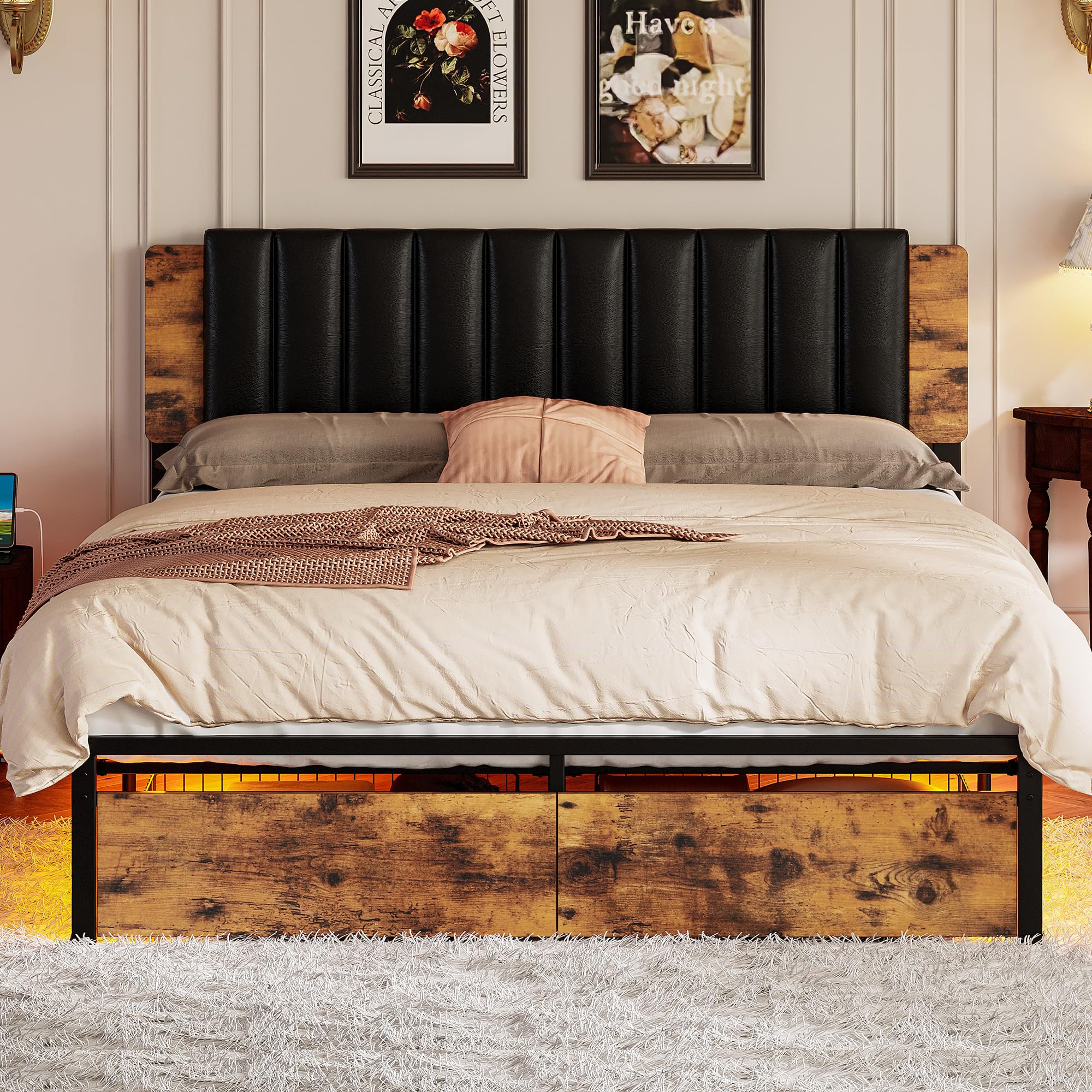 Bed Frame with Removable PU Leather Headboard