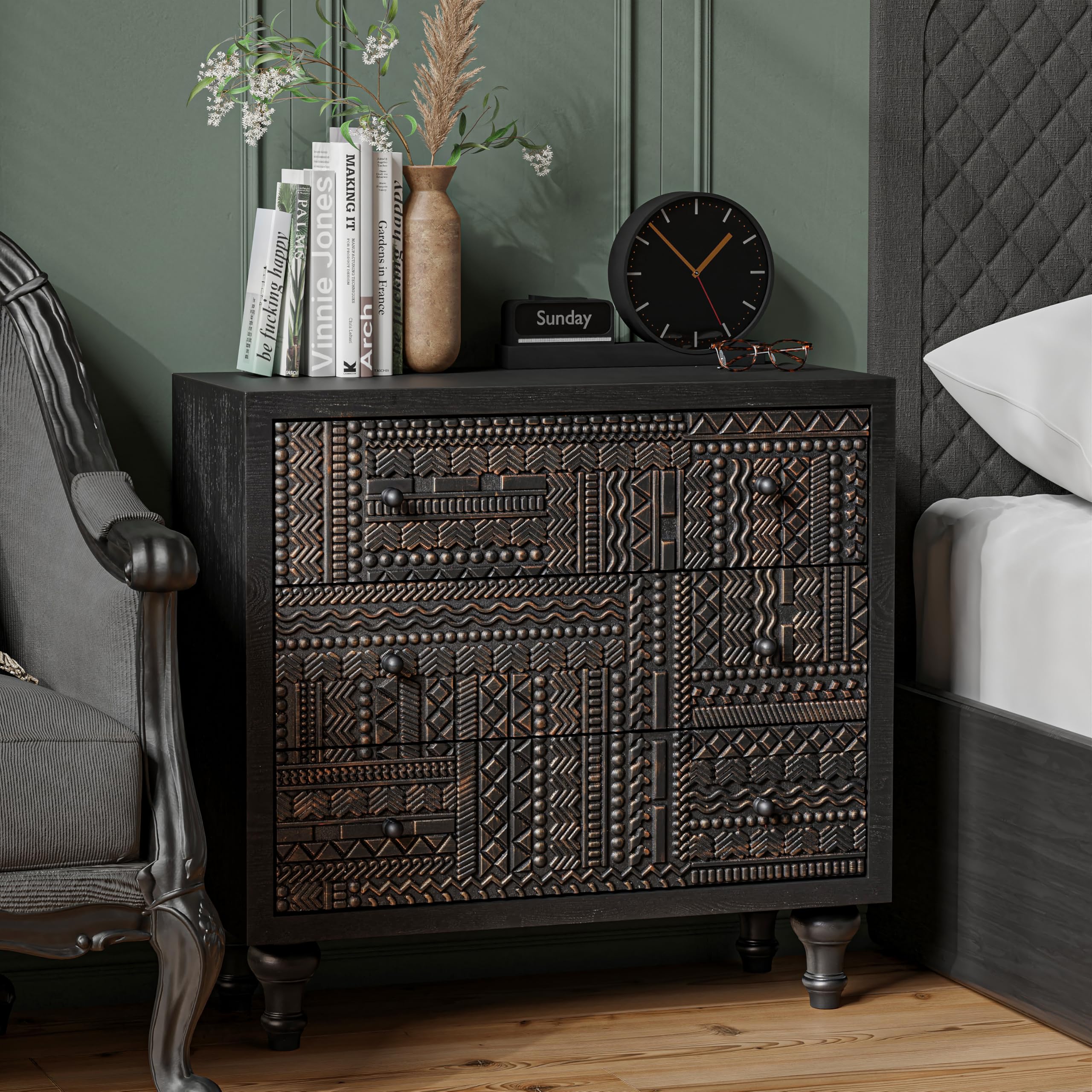 3 Drawer Farmhouse Dresser with Geometric Carved Pattern, Vintage Accent Wood Storage