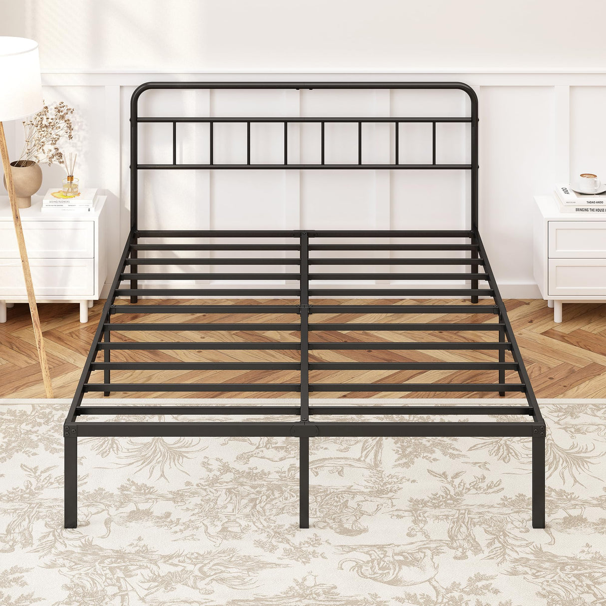 12-Inch Queen Bed Frame with Minimalist Headboard - Black Metal Platform