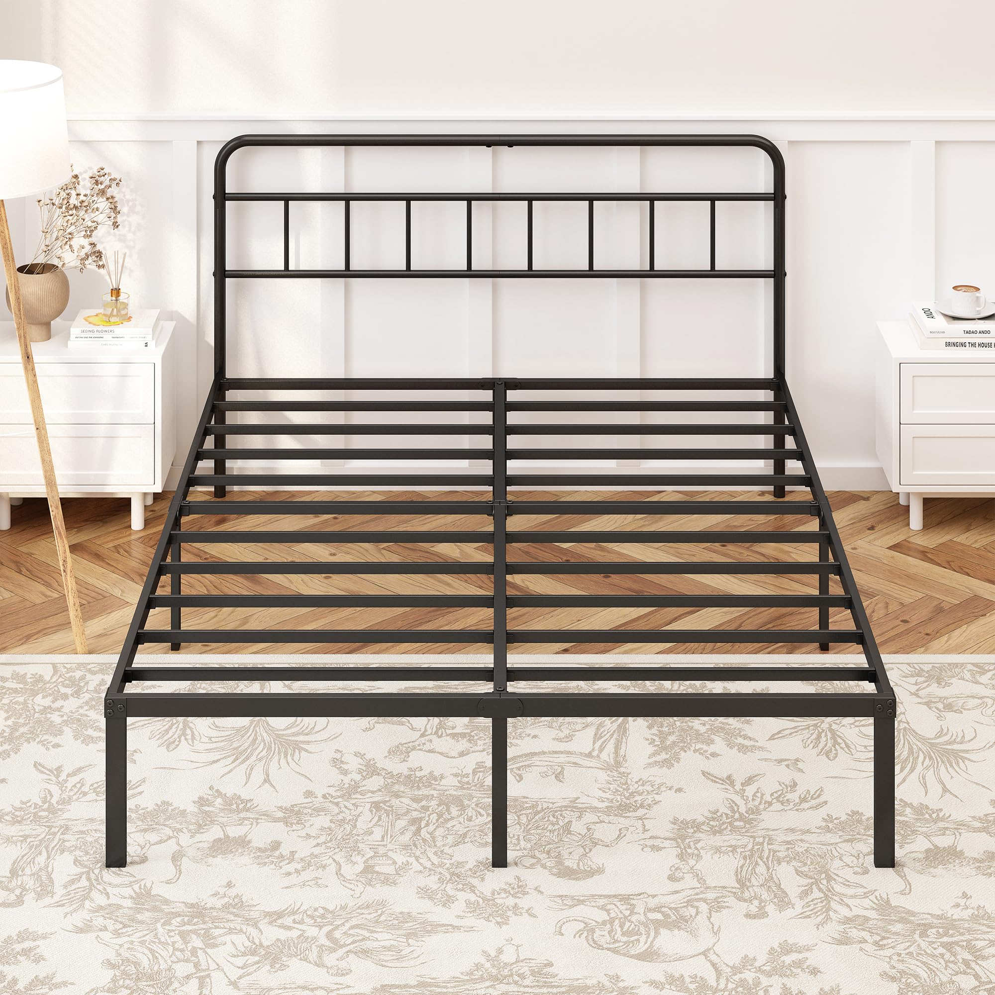 12-Inch Queen Bed Frame with Minimalist Headboard - Black Metal Platform