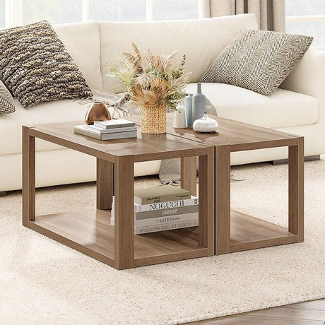 Farmhouse Wood Coffee Table - Boho Table with Storage Shelf