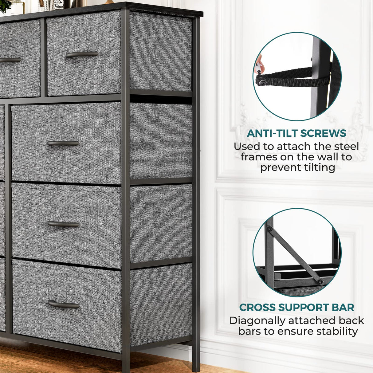 Organizer Storage 9, Chest of Drawers with Fabric Bins, Tall Dresser with Wood Top