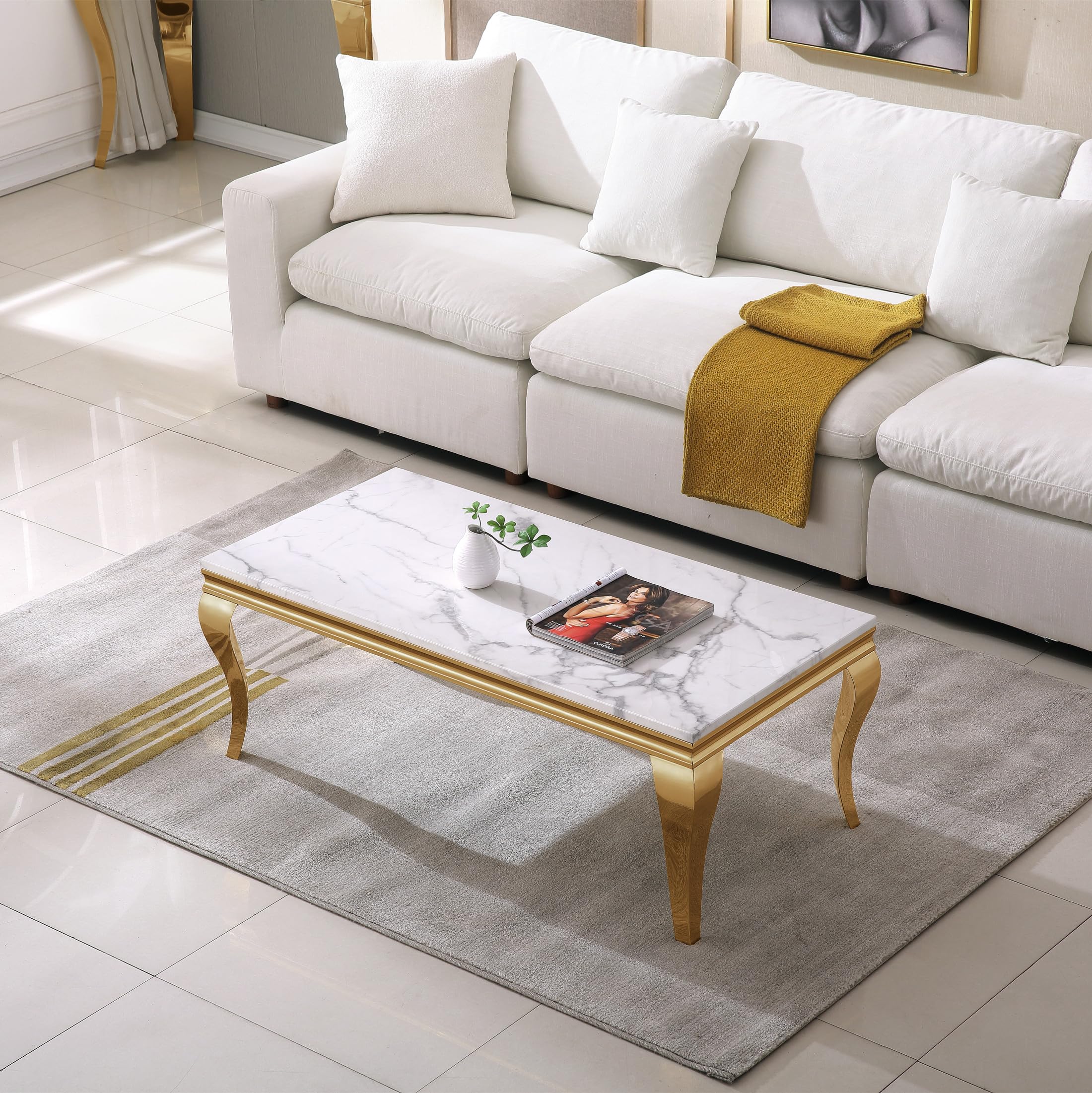 47" Coffee Table with White Marble Top, Modern Rectangle Faux Marble Coffee Table