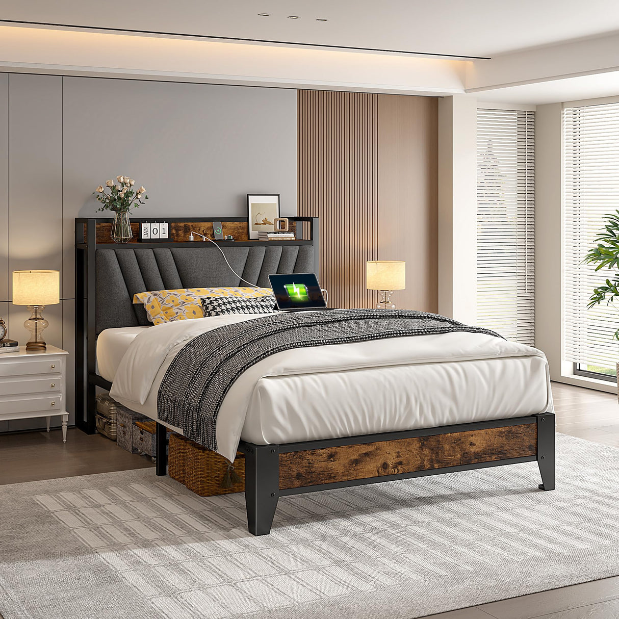 Twin Bed with Upholstered Storage Headboard and Charging Station