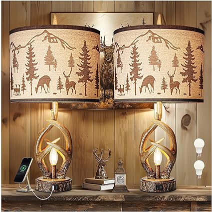 Rustic Farmhouse Antlers Table Lamp Set of 2