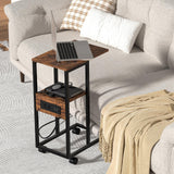 C Shaped End Table with Charging Station,Side Table for Couch