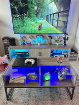 LED Coffee Tables for Living Room,Wood Center Table with Glass Top Game Night