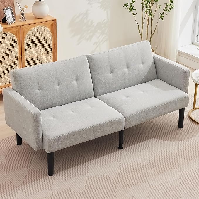 75.5” Convertible Futon Sofa Bed, Linen Flannel Small Couch Sofa