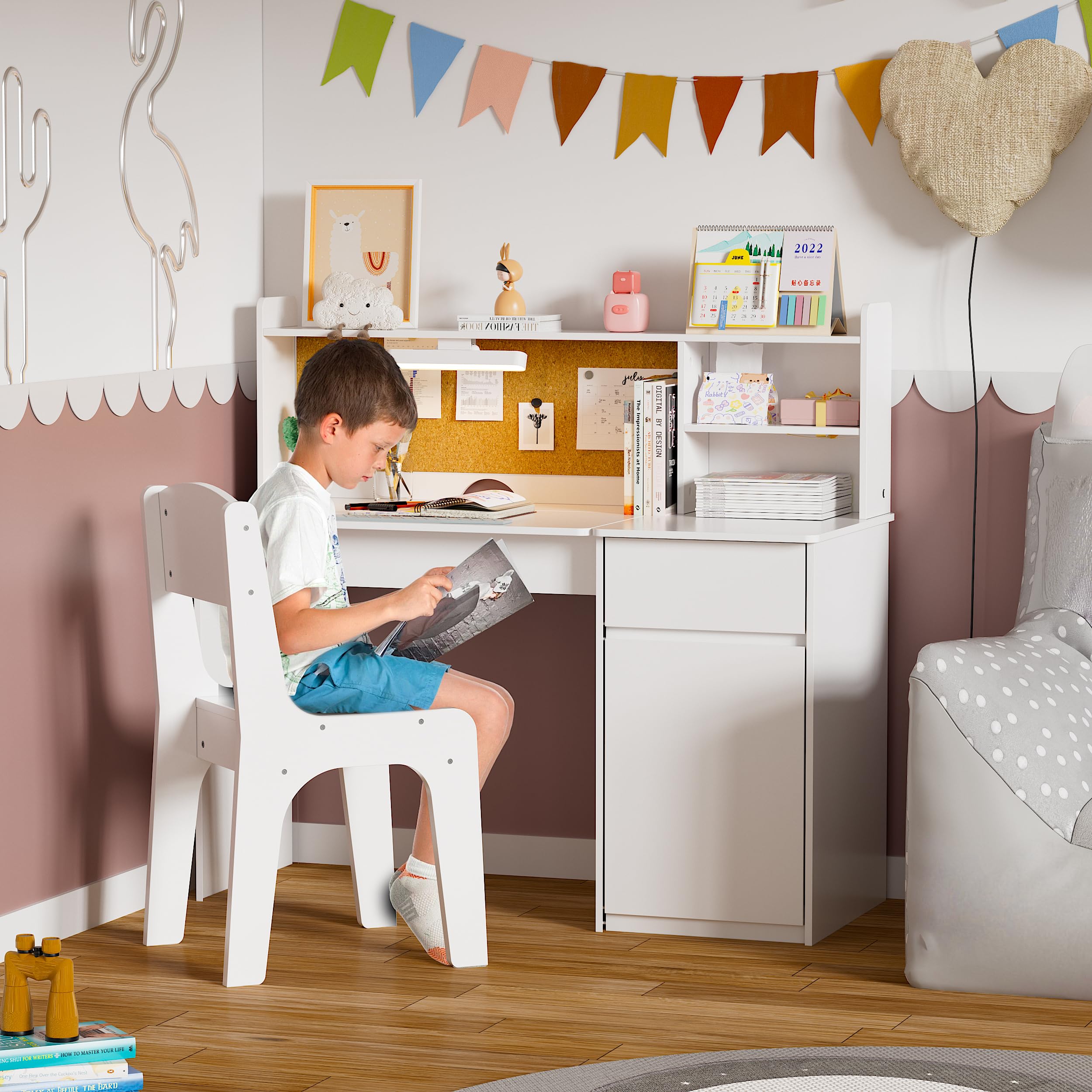 and Chair Set,Kids Study Desk with 3-Color Lights,Tiltable Desktop,Multi Functional Study Table for Kids 5-12,Student Writing Desk with Hutch and Storage Cabinet for Bedroom