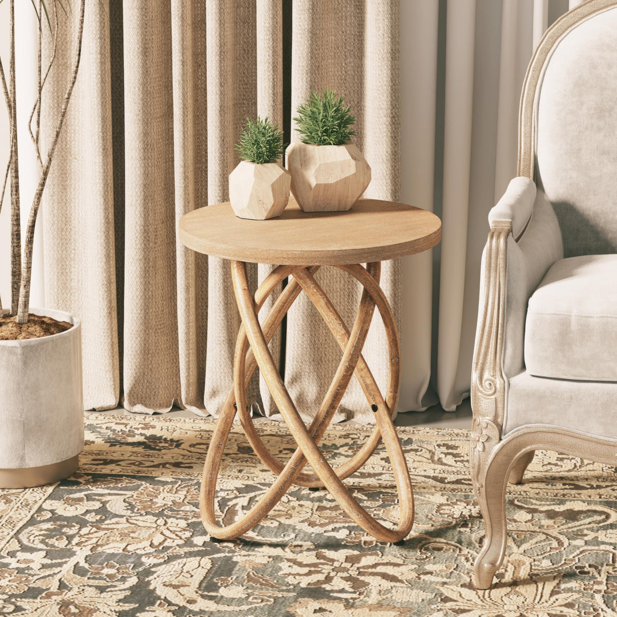 Round End Table Farmhouse Wood Side Table Rustic Plant Stand with Intertwined Line Design