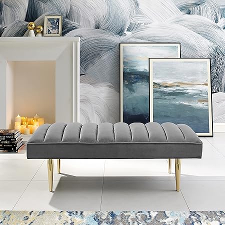 Nicole Miller Raul Bench - Velvet Upholstered | Channel Tufted | Mirrored