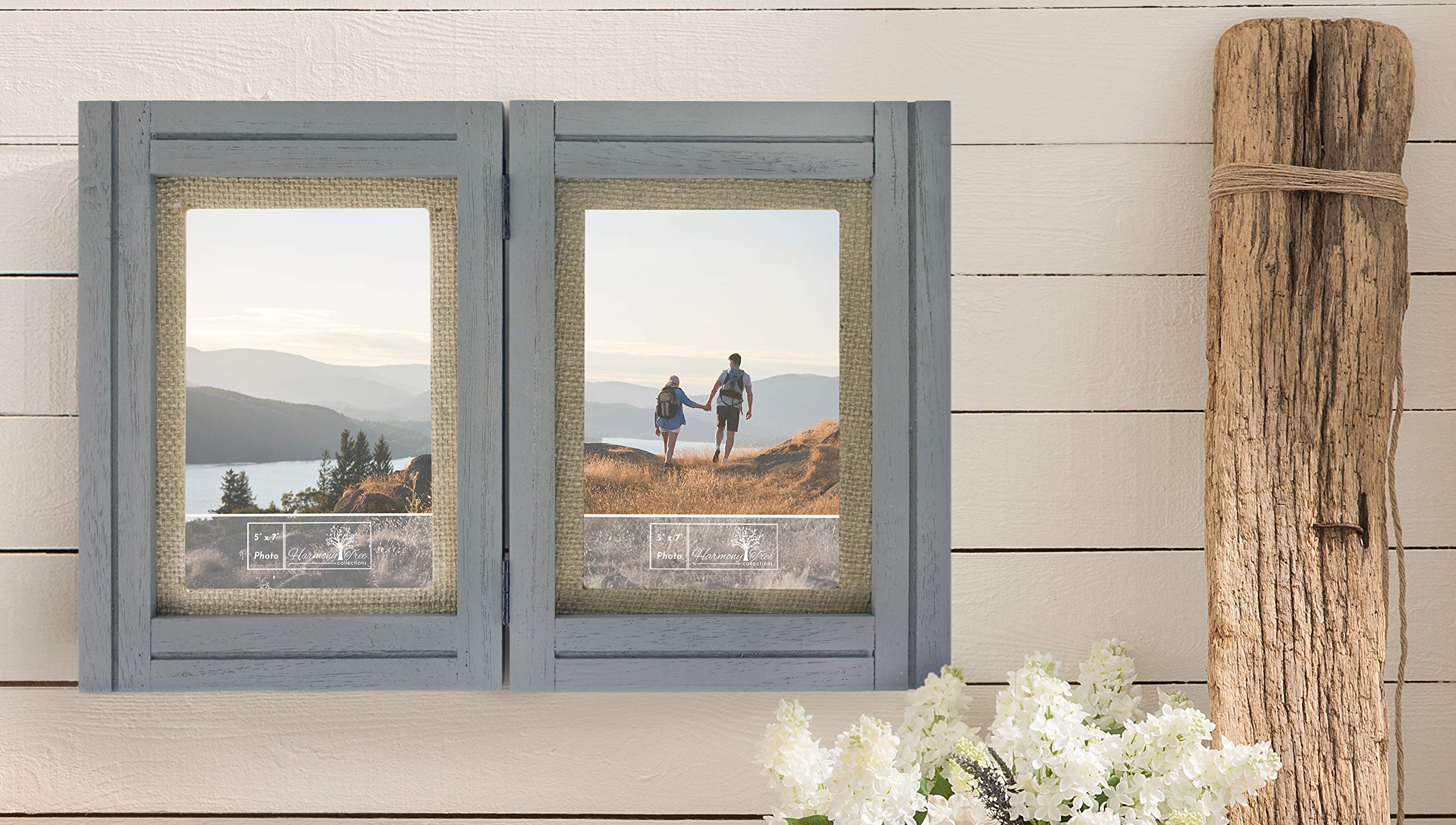 5x7 Rustic Picture Frames - Burlap Mat - Distressed Wood Farmhouse Decor - Hinged Double Frame - Vertical Photos - Brackets for Hanging on Wall or Stand on Table Top or Desk - Gray / Grey