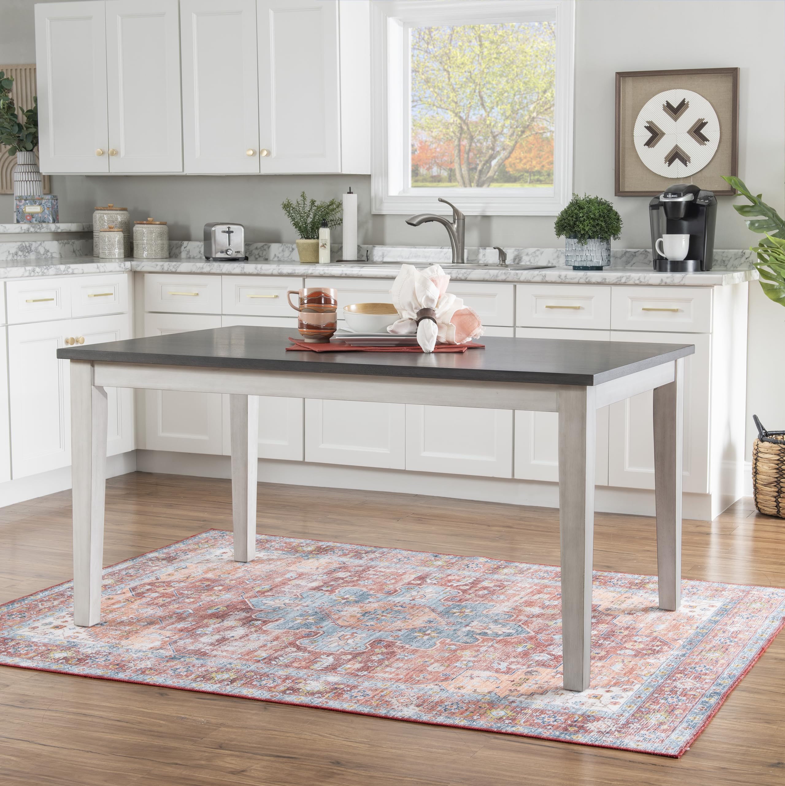 White and Dark Grey Sibley Seven Piece Dining Set with Beige Speckled Upholstery