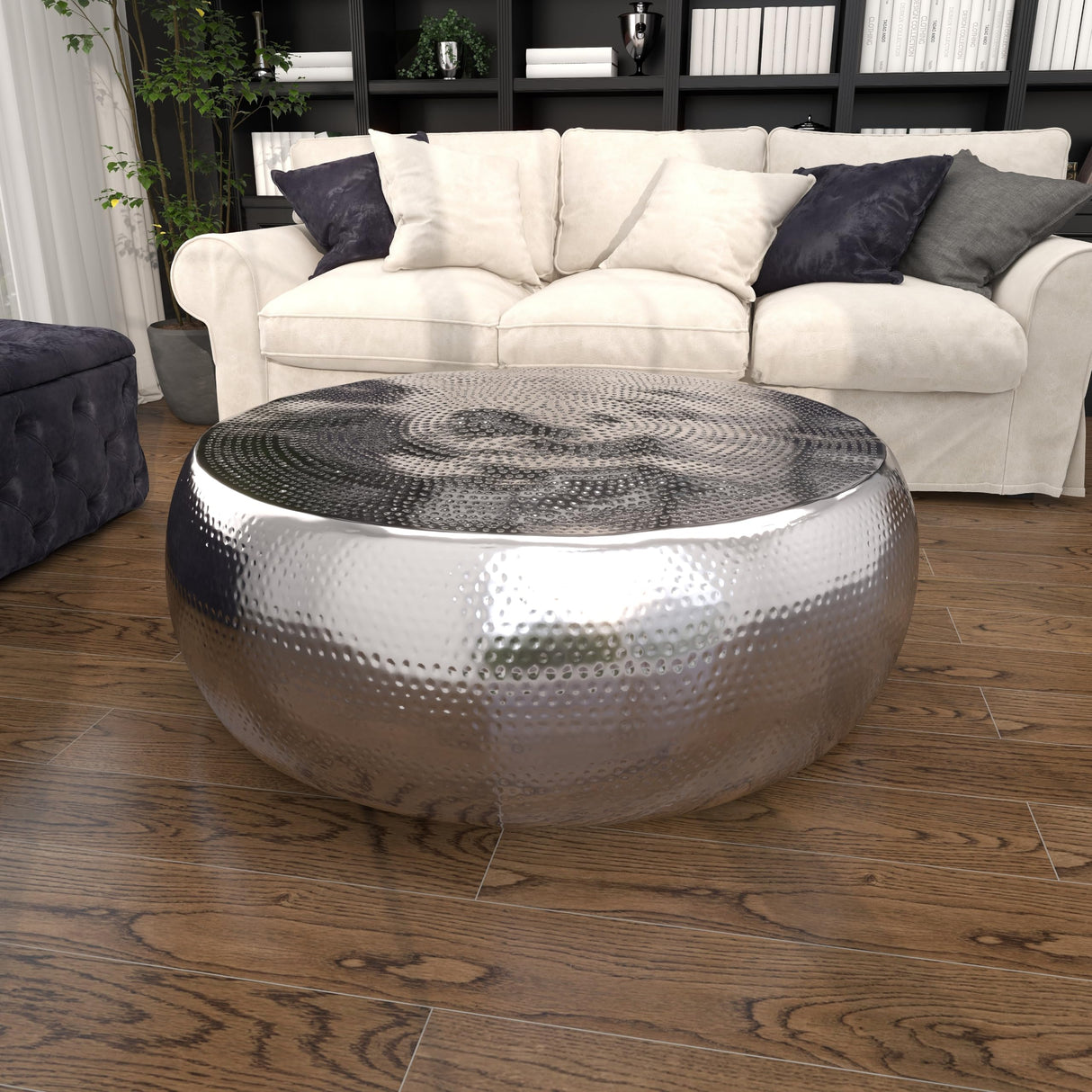 Aluminum Metal Living Room Coffee Table Drum Shaped Table with Hammered Design