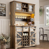 Farmhouse Coffee Bar Cabinet with Power Outlet, LED Light, 13 Storage Shelves