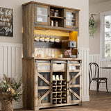 Farmhouse Coffee Bar Cabinet with Power Outlet, LED Light, 13 Storage Shelves