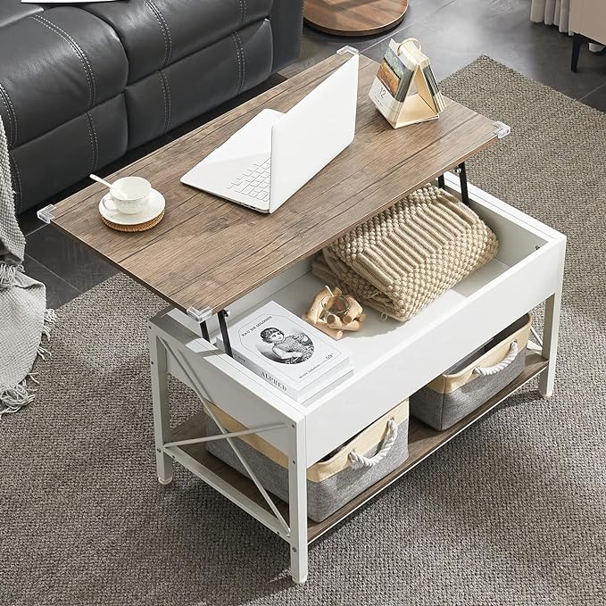 Lift Top Coffee Table with Two Free HQ Cloth Bins Storage, Farmhouse Grey Black, Small