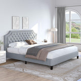 King Size Bed Frame with Headboard, Grey Linen Upholstered Platform Bed Frame